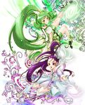  bike_shorts boots choker circlet cure_egret cure_march futari_wa_precure_splash_star green_choker green_eyes green_hair green_shorts green_skirt knee_boots long_hair magical_girl midorikawa_nao mishou_mai multiple_girls open_mouth ponytail power_connection precure purple_eyes purple_hair sagehiko shorts shorts_under_skirt skirt smile smile_precure! tiara tri_tails very_long_hair white_footwear wind wrist_cuffs 