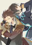  alvin_(tales) back-to-back bad_id bad_pixiv_id black_hair brown_eyes brown_hair coat cravat gloves jude_mathis male_focus multiple_boys nic_(kevin) pants sitting smile tales_of_(series) tales_of_xillia white_background 