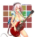  bare_shoulders bikini blush breasts chig cleavage electric_guitar guitar headphones highres instrument jacket jewelry large_breasts long_hair necklace nitroplus one_eye_closed pink_hair red_eyes smile solo super_sonico swimsuit 