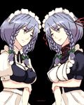  2girls braid breast_hold breasts brown_eyes bust crossover female grayfia_lucifuge high_school_dxd izayoi_sakuya look-alike maid maid_headdress multiple_girls silver_hair taramo touhou twin_braids upper_body 