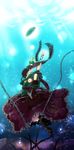  boots bow chain doll dress frills front_ponytail green_eyes green_hair hair_bow hair_ribbon highres kagiyama_hina kaibun_dou open_mouth ribbon rock solo touhou underwater 