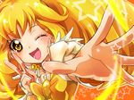  ;d bad_id bad_pixiv_id blonde_hair bow cure_peace earrings eyelashes foreshortening hair_flaps hunakosi jewelry kise_yayoi long_hair magical_girl one_eye_closed open_mouth precure smile smile_precure! solo star v yellow yellow_bow yellow_eyes 