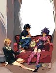  :t against_wall black_hair blonde_hair book couch eating glasses hand_on_own_face hunter_x_hunter machi_(hunter_x_hunter) multiple_girls open_book outstretched_leg pakunoda purple_hair sanpaku shizuku_(hunter_x_hunter) sitting unkowata 