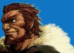  beard blue_background brown_eyes facial_hair fate/zero fate_(series) fur_trim mahito_(tranjistor) male_focus manly red_hair rider_(fate/zero) simple_background solo 