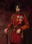  aiguillette bad_id bad_pixiv_id blue_eyes brown_hair facial_hair fate/zero fate_(series) fine_art_parody gem goatee male_focus medal military military_uniform parody solo staff toosaka_tokiomi uncom uniform 