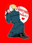  blonde_hair english fate/zero fate_(series) flat_color heart isist kayneth_el-melloi_archibald kissing_picture kneeling male_focus photo_(object) simple_background sola-ui_nuada-re_sophia-ri solo 