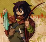  1boy black_hair bow_(weapon) boy brown_eyes cape dark_skin karigurashi_no_arrietty knife miniboy pouch spiller standing studio_ghibli towel weapon 