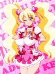  ;) blonde_hair bow breasts choker corset cure_peach eyelashes fresh_precure! hair_ornament heart heart_hair_ornament heart_hands highres ireku_badou large_breasts long_hair magical_girl momozono_love one_eye_closed pink_background pink_bow pink_choker pink_eyes precure skirt smile solo twintails wrist_cuffs 