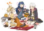  1boy 2girls animal_ears backless_outfit black_footwear blonde_hair blue_eyes blue_footwear blue_hair book book_stack boots cat_ears closed_eyes feathers fire_emblem fire_emblem:_kakusei fire_emblem_heroes gloves hair_ornament hat heart jack-o'-lantern lantern liz_(fire_emblem) long_hair long_sleeves looking_at_another lucina male_my_unit_(fire_emblem:_kakusei) menoko multiple_girls my_unit_(fire_emblem:_kakusei) open_mouth pants paw_gloves paws ribbed_sweater ribbon robe scissors seiza shoes short_hair silver_hair sitting smile spool string sweatdrop sweater thigh_boots thighhighs turtleneck twintails vest wide_sleeves witch_hat yellow_eyes 