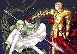  androgynous armor blonde_hair chain ea_(fate/stay_night) earrings enkidu_(fate/strange_fake) fate/stay_night fate/strange_fake fate/zero fate_(series) gilgamesh green_eyes green_hair jewelry lamar1987 light_particles long_hair male_focus multiple_boys polearm red_eyes robe spear sword tattoo tree weapon 
