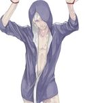  arms_up bad_id bad_pixiv_id blue_eyes fate/zero fate_(series) male_focus matou_kariya moratorian open_clothes open_shirt shirt solo tegaki white_background white_hair 