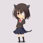  animal_ears another bow bowtie cat_ears eyepatch hand_on_own_face kemonomimi_mode kneehighs misaki_mei red_eyes school_uniform simple_background solo tail zoom_(artist) 