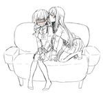  akemi_homura bdsm blindfold blush bondage bound bound_wrists couch drill_hair ear_licking eargasm greyscale licking long_hair mahou_shoujo_madoka_magica monochrome multiple_girls pantyhose school_uniform sitting spot_color tomoe_mami torinone yuri 