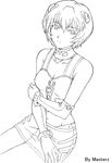  ayanami_rei bangle bare_shoulders bracelet breasts choker cleavage crop_top elbow_gloves gloves greyscale highres holding_arm jewelry lineart masterz midriff miniskirt monochrome neon_genesis_evangelion race_queen short_hair sitting skirt small_breasts solo 