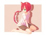  androgynous animal_ears bad_id bad_pixiv_id barefoot bell cat_ears cat_tail green_eyes inazuma_eleven inazuma_eleven_(series) kiyama_hiroto male_focus namiri red_hair shadow shorts sitting solo striped striped_background tail tail_bell vertical-striped_background vertical_stripes wariza 