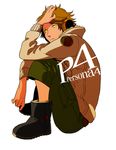  3_(k--n--ako) brown_hair copyright_name dark_persona hanamura_yousuke headphones headphones_around_neck highres hood hoodie looking_at_viewer male_focus persona persona_4 shoes spiked_hair squatting yellow_eyes 