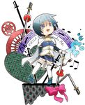  :d blood bloody_tears blue_eyes blue_hair bow broken broken_sword broken_weapon cape dress heart izumi_kirifu magical_girl mahou_shoujo_madoka_magica miki_sayaka musical_note open_mouth record simple_background skirt smile solo sword tears thighhighs weapon white_background 