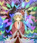  ai_ai_gasa bat blonde_hair blush bunchou_(bunchou3103) cloud flandre_scarlet flower hair_flower hair_ornament hat japanese_clothes kimono moon open_mouth red_eyes short_hair side_ponytail smile solo touhou tree wading water wings 