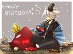  bad_id bad_pixiv_id black_pants blazblue blush closed_eyes dead_spike grey_background happy_birthday kuro_yuzu male_focus pants ragna_the_bloodedge silver_hair 