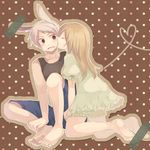  1girl animal_ears axis_powers_hetalia bad_id bad_pixiv_id barefoot blush brown_eyes brown_hair bunny_ears cheek_kiss closed_eyes couple cutout feet hands_on_feet heart heart_of_string hetero hungary_(hetalia) kiss long_hair namiri open_mouth pajamas prussia_(hetalia) white_hair 