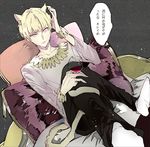  alcohol animal_ears blonde_hair bracelet casual cat_ears cat_tail cup drinking_glass earrings fate/zero fate_(series) gilgamesh jewelry kemonomimi_mode male_focus necklace red_eyes solo suou tail translation_request wine wine_glass 