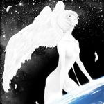  ahi_tb angel_(evangelion) ayanami_rei earth end_of_evangelion feathers giantess lilith_(ayanami_rei) neon_genesis_evangelion no_nipples nude pale_skin planet red_eyes short_hair space spoilers white_hair wings 