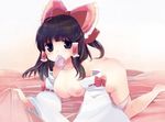  all_fours bad_id bad_pixiv_id black_hair blush bow breasts condom condom_in_mouth detached_sleeves hair_bow hair_tubes hakurei_reimu looking_at_viewer medium_breasts mouth_hold nipples nude smile solo suzune_yuuji touhou 