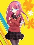  amagi_yukiko amagi_yukiko_(cosplay) bad_id bad_pixiv_id blazblue blue_eyes cosplay hinokii houndstooth long_hair pantyhose persona persona_4 pink_hair school_uniform skirt solo tsubaki_yayoi 