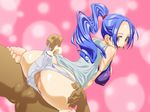  1girl ass backboob bare_shoulders barefoot blue_hair breasts buttjob cape censored chakyuuan cum cum_on_ass cum_on_body cum_on_lower_body earrings ejaculation feet happy highres huge_breasts jewelry long_hair looking_back nefertari_vivi one_piece open_mouth panties penis ponytail purple_eyes sakyuuan simple_background sitting sitting_on_person toes underwear vivi 