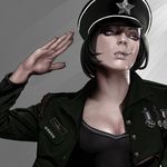  black_hair breasts brown_eyes cleavage hat looking_away medal military military_hat military_jacket military_uniform original peaked_cap photo-referenced realistic salute shiba_(berryeater) shirt short_hair simple_background small_breasts smoking solo uniform 