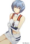  ayanami_rei bare_shoulders blue_hair breasts choker cleavage colorfag colorized crop_top drawfag elbow_gloves gloves hair_ornament highres masterz midriff miniskirt navel neon_genesis_evangelion race_queen red_eyes short_hair sitting skirt small_breasts solo 