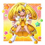  bike_shorts blonde_hair blush bow bowtie choker cure_peace double_v full_body gradient gradient_background hair_flaps kise_yayoi long_hair magical_girl miton39 multicolored multicolored_background orange_choker orange_neckwear pink_background precure shoes shorts shorts_under_skirt sitting skirt smile_precure! solo star v wide_ponytail wrist_cuffs yellow yellow_background yellow_bow yellow_eyes yellow_shorts yellow_skirt 