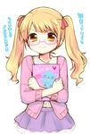  blonde_hair book book_hug cardigan glasses hair_ribbon holding holding_book long_hair original pink-framed_eyewear qoo_(character) ribbon semi-rimless_eyewear skirt smile solo translation_request twintails under-rim_eyewear usashiro_mani yellow_eyes 