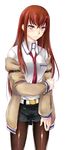  ayano_naoto belt blue_eyes blush brown_hair brown_legwear highres jacket legwear_under_shorts long_hair looking_at_viewer makise_kurisu necktie pantyhose red_neckwear shorts simple_background solo steins;gate white_background 