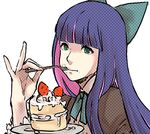  bow cake cream cream_on_face eating face food food_on_face fork green_eyes hair_bow hands kimura_(kokonoe2010) long_hair multicolored_hair panty_&amp;_stocking_with_garterbelt pink_hair pinky_out solo stocking_(psg) two-tone_hair 