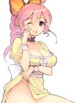  :p blue_eyes borrowed_character breasts butterfly_hair_ornament cleavage dress dress_lift frilled_dress frills hair_ornament medium_breasts naso4 no_panties one_eye_closed original pink_hair ponytail ringlets solo tongue tongue_out yellow_dress 