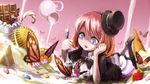  antennae black_legwear blue_eyes bow butterfly_wings cake candy candy_cane chocolate cookie cream fangs food fork fruit gothic_lolita hat head_rest heterochromia holding holding_fork ice_cream ice_cream_cone lolita_fashion lying mini_hat mini_top_hat on_stomach open_mouth original red_hair short_hair skirt smile solo stabbing strawberry top_hat ume_(illegal_bible) wings 