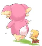  armor audino blonde_hair chasing chibi crossover fate/stay_night fate_(series) gen_5_pokemon gilgamesh hachi_(gaoo) male_focus pokemon pokemon_(creature) pokemon_(game) pokemon_bw white_background 