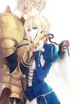  1girl 9tsumura ahoge armor artoria_pendragon_(all) blonde_hair blue_eyes dress earrings fate/zero fate_(series) gilgamesh hair_kiss hair_ribbon hand_on_another's_face height_difference holding_hands jewelry ribbon saber white_background 