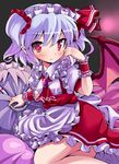  alternate_costume alternate_hairstyle ascot bat_wings blush brooch character_pillow enmaided fang givuchoko highres izayoi_sakuya jewelry maid maid_headdress pillow red_eyes remilia_scarlet short_hair skirt slit_pupils solo touhou two_side_up wings wrist_cuffs 
