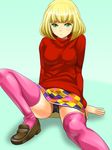  belle_(pop'n_music) black_panties blonde_hair green_eyes osamu_yagi panties pantyshot pantyshot_(sitting) pink_legwear pop'n_music short_hair simple_background sitting solo thighhighs underwear 