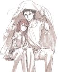  1girl artist_request bare_legs blush brown_hair facial_hair height_difference knees_touching leaning_on_person long_hair makise_kurisu monochrome necktie no_legwear okabe_rintarou sepia shared_clothes shared_coat shorts simple_background sitting spot_color steins;gate stubble white_background 