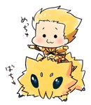  :3 armor blonde_hair chibi crossover earrings fate/stay_night fate_(series) gen_5_pokemon gilgamesh hachi_(gaoo) jewelry joltik male_focus pokemon pokemon_(creature) riding white_background 