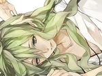  androgynous enkidu_(fate/strange_fake) fate/strange_fake fate_(series) green_eyes green_hair hand_in_hair long_hair male_focus motsu_(sararia) otoko_no_ko 
