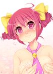  bad_id bad_pixiv_id bow breasts closed_mouth covering covering_breasts face hair_bow heart heart-shaped_pupils hoshizora_miyuki ishikei_(style) naked_necktie necktie pink_eyes pink_hair pink_neckwear precure serizawa_mutsuki short_hair short_twintails small_breasts smile smile_precure! solo suggestive_fluid symbol-shaped_pupils tears topless twintails white_background 
