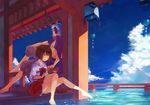  1girl barefoot blue_eyes blue_hair bow bowtie brown_hair chousokabe_motochika_(sengoku_basara) closed_eyes cloud day lantern namiri outdoors paper_lantern sandals sengoku_basara shoes_removed sitting skirt sky smile soaking_feet tsuruhime water 