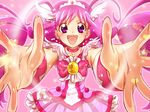  :d bad_id bad_pixiv_id bow choker cure_happy earrings eyelashes foreshortening happy_shower heart hoshizora_miyuki hunakosi jewelry long_hair magical_girl open_mouth pink pink_bow pink_choker pink_eyes pink_hair pink_skirt precure skirt smile smile_precure! solo tiara 