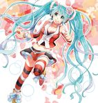  :d aqua_eyes aqua_hair bare_shoulders bracelet cola_miku detached_sleeves hatsune_miku headset highres irono_(irtyu) jewelry long_hair midriff navel necklace open_mouth skirt smile solo striped striped_legwear thighhighs twintails very_long_hair vocaloid 