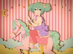  bad_id bad_pixiv_id blue_eyes bow carousel closed_eyes crescent green_eyes green_hair hair_bow hatsune_miku high_heels highres holding horse kise_(swimmt) open_mouth pantyhose pink_legwear polka_dot riding shoes silhouette smile solo star striped striped_background vocaloid wrist_cuffs 