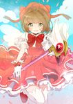  bad_id bad_pixiv_id brown_hair cardcaptor_sakura dress fly_(marguerite) foreshortening fuuin_no_tsue glove_bow gloves green_eyes hat kinomoto_sakura magical_girl pink_hat short_hair solo thighhighs wand white_gloves wings 